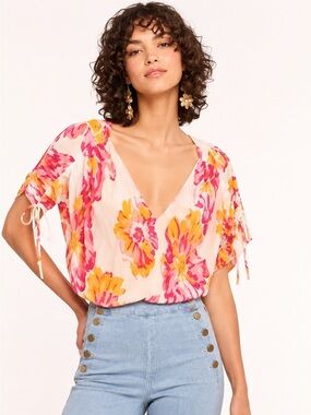 Ramy Brook Pink Floral V-Neck Tie Sleeve Blouse